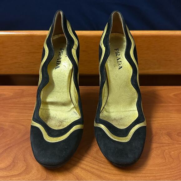 Prada Black Suede Colorblock Pumps Leather Designer Size 37 Gold Design Heels - Picture 2 of 16